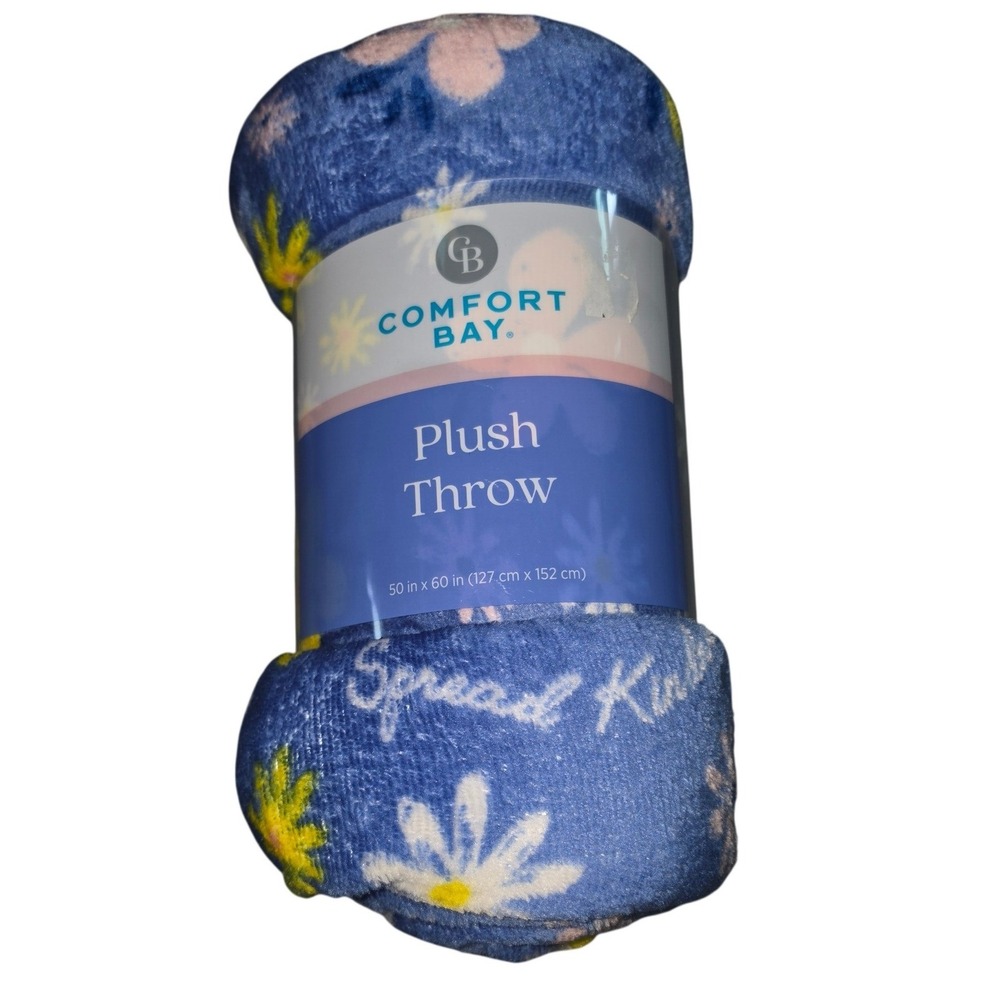 Comfort Bay Plush Throw Blanket Blue Floral Spread Kindness 50x60 New